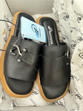 Women's Black Slide Sandals with Tan Sole